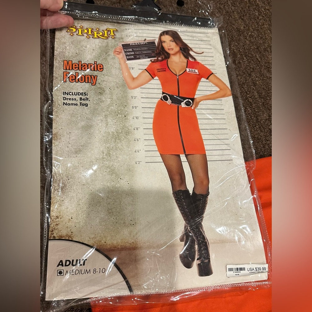 EUC Spirit Melanie Felony Orange Halloween Costume Dress w/ Belt no tag sexy